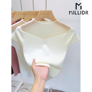 Sang Trọng Nửa Cổ Cao Dệt Kim Áo Thun Tay Ngắn Nữ Lưới Sợi Thiết Kế Ngắn Top Nữ