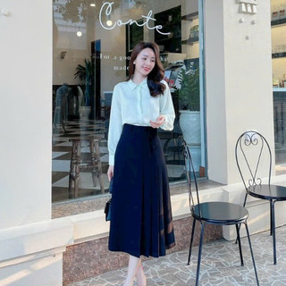 Áo sơ mi kiểu công sở nữ HINSTORE79 áo lụa tằm sọc giấu cúc dáng cổ đức cơ bản 259