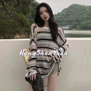Heng Shan Yuan Áo thun nữ dài tay sọc chống nắng dáng rộng áo thun dài tay