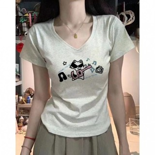 【100% cotton  Áo baby tee Áo Thun ôm body Áo y2k Áo thun in hình cổ chữ V mỏng phiên bản Hàn Quốc
