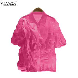 Zanzea Nữ Thời Trang Hàn Quốc Ve Áo Tay Ngắn Ruffle Rời Áo Sơ Mi Thanh Lịch