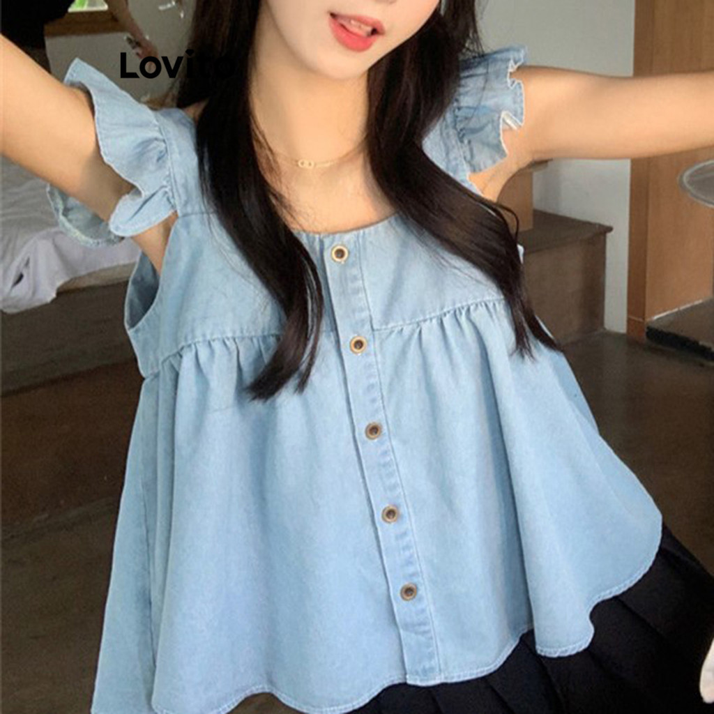 Lovito Áo denim có nút nhún bèo trơn thông thường phía trước dành cho nữ LNE60442