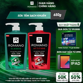 [Freeship] Sữa tắm sạch khuẩn Romano hương thơm nam tính Classic/ Attitude 650g/chai - 2 mùi hương có sẵn