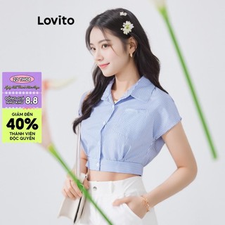 Áo kiểu Lovito phong cách thường ngày họa tiết sọc phối nút phía trước phối túi có cổ dành cho nữ L54ED010 (xanh dương)