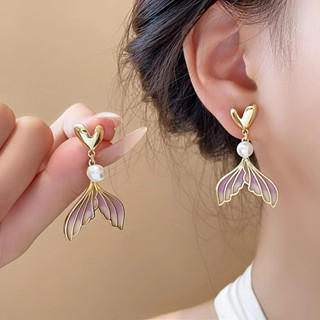  Đẹp Đuôi Cá Màu Tím S925 Bạc Mạ Bông Tai Bông Tai Khuyên Tai Trang Sức Phụ Kiện 