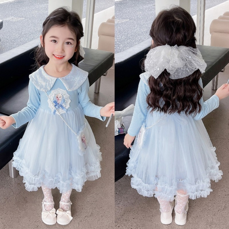 Đầm Bé Gái Trẻ Em Bé Gái Mùa Xuân Thu Búp Bê Cổ Công Chúa Elsa Lưới Nối Công Chúa Puff Đầm 1-7Y