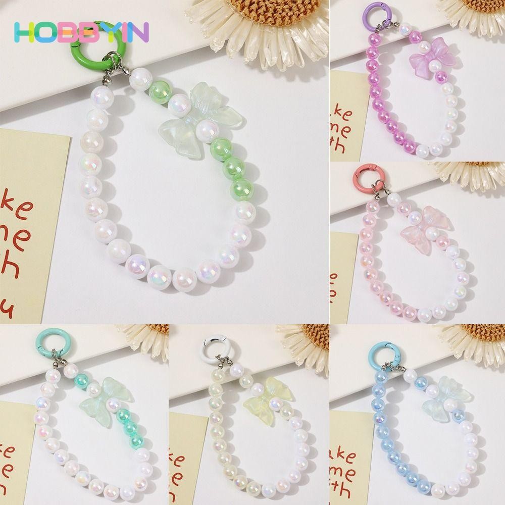 Mặt dây chuyền nơ, Móc khóa chuỗi hạt đầy màu sắc chống mất Carabiner, Túi đựng tai nghe Trang trí dây treo Ngọc trai giả Dây buộc điện thoại