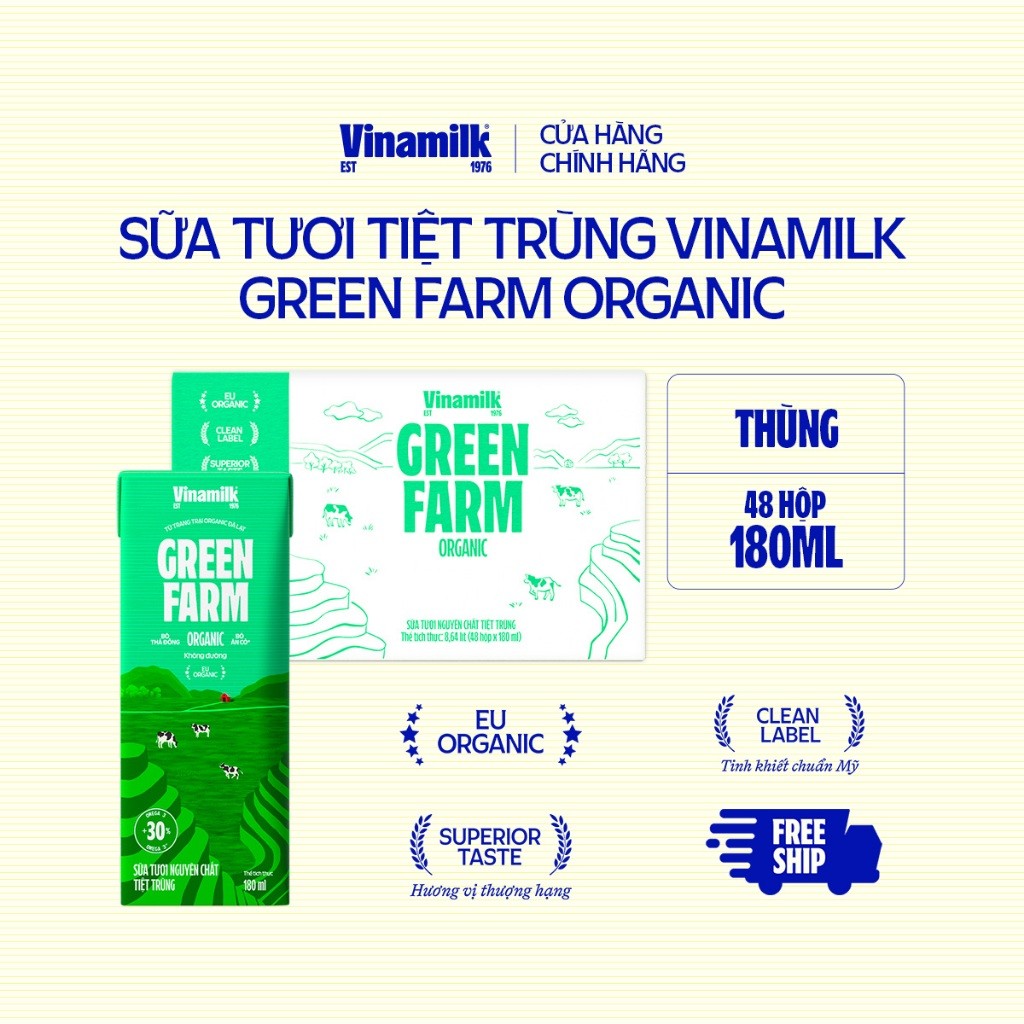Thùng 48 hộp Sữa Tươi Tiệt Trùng Vinamilk GreenFarm Organic 180ml