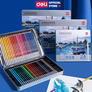 Bút Chì Màu Nước Cao Cấp Deli - Chì Màu Hộp Thiếc 24/36/48/72 Màu Tặng Kèm Cọ - Không Dễ Gãy Tô Vẽ Tranh Chuyên Nghiệp