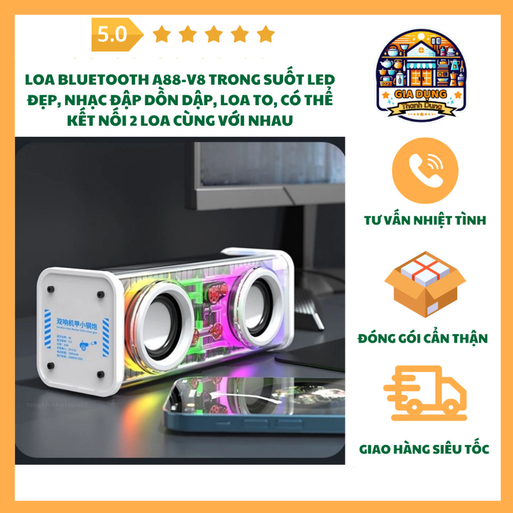 Loa Bluetooth A88-V8 LED Trong Suốt, Nhạc Đập, Kết Nối 2 Loa, Âm Thanh Mạnh Mẽ