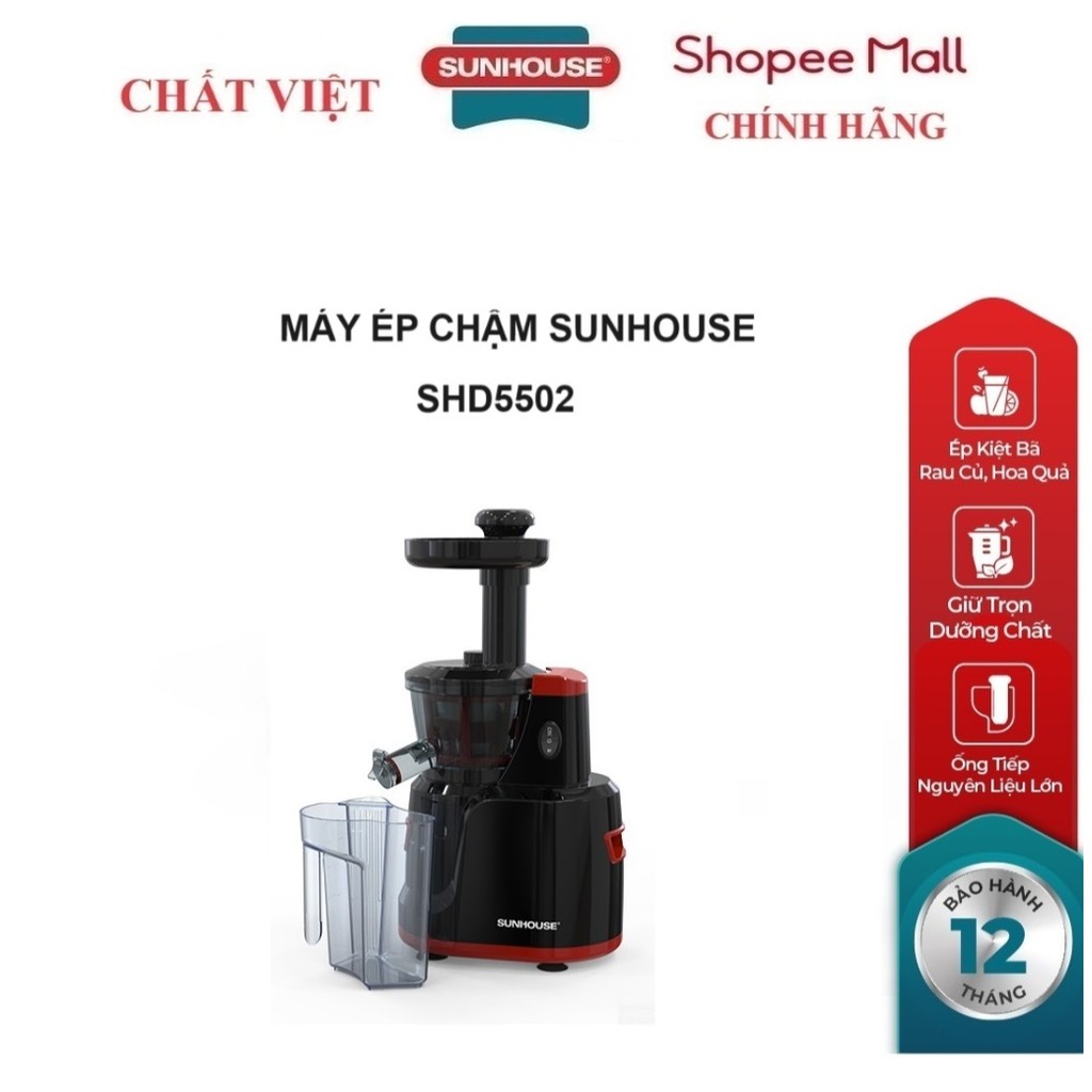 Máy Ép Chậm Sunhouse SHD5502 - Dung Tích 1L, Kích Thước 25x45x16cm, Màu Đen - Đỏ