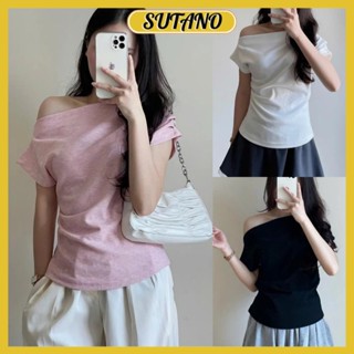 Áo thun nữ lệch vai xếp ly cánh rơi sườn nhún eo điệu đà form vừa chất vải lông thỏ cao cấp A383 SUTANO