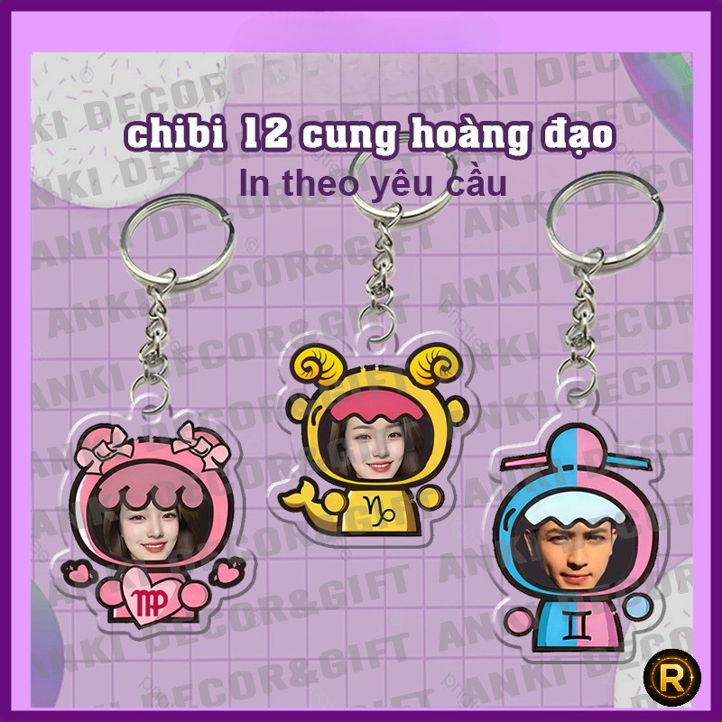 Móc khóa chibi 12 cung hoàng đạo ghép mặt theo yêu cầu, móc khóa mica làm quà tặng ý nghĩa..