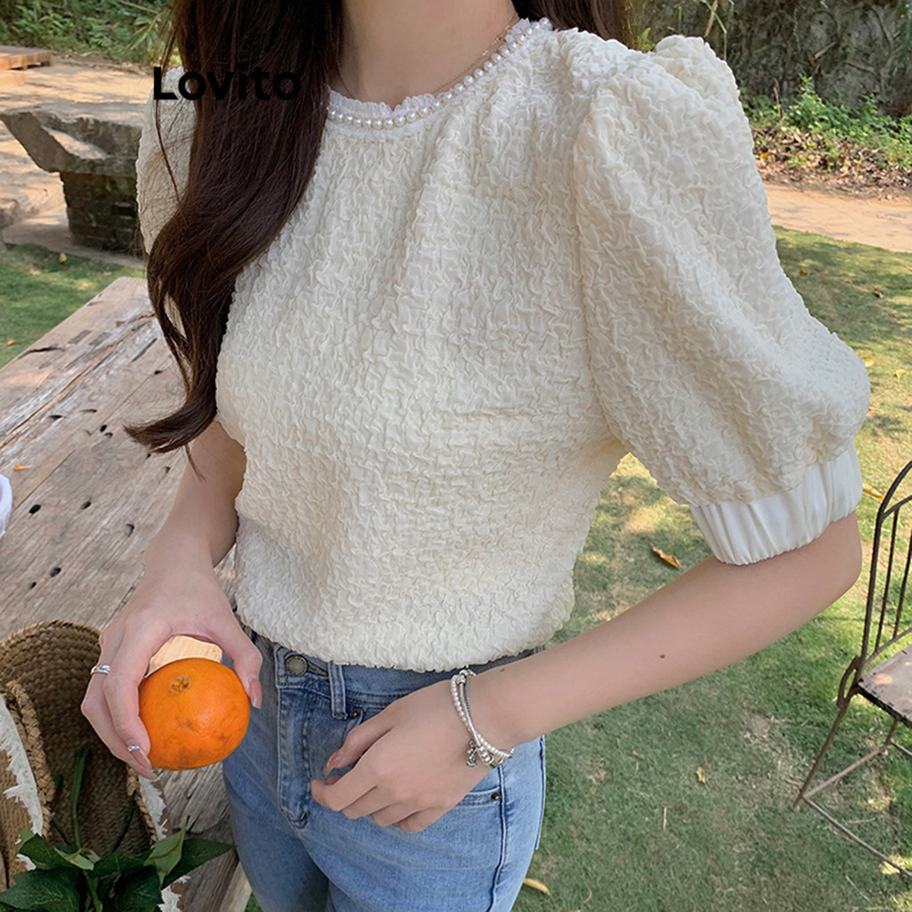 Lovito Áo sơ mi giản dị Ngọc trai trơn Áo sơ mi Jacquard dành cho nữ LNE41318