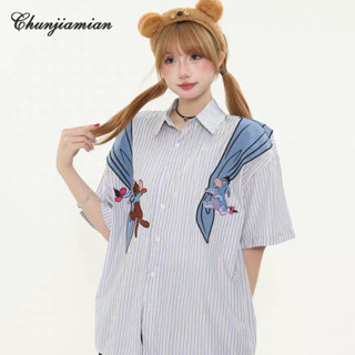  Chunjiamian Áo sơ mi nam retro gấu bông sọc hoạt hình dáng rộng 