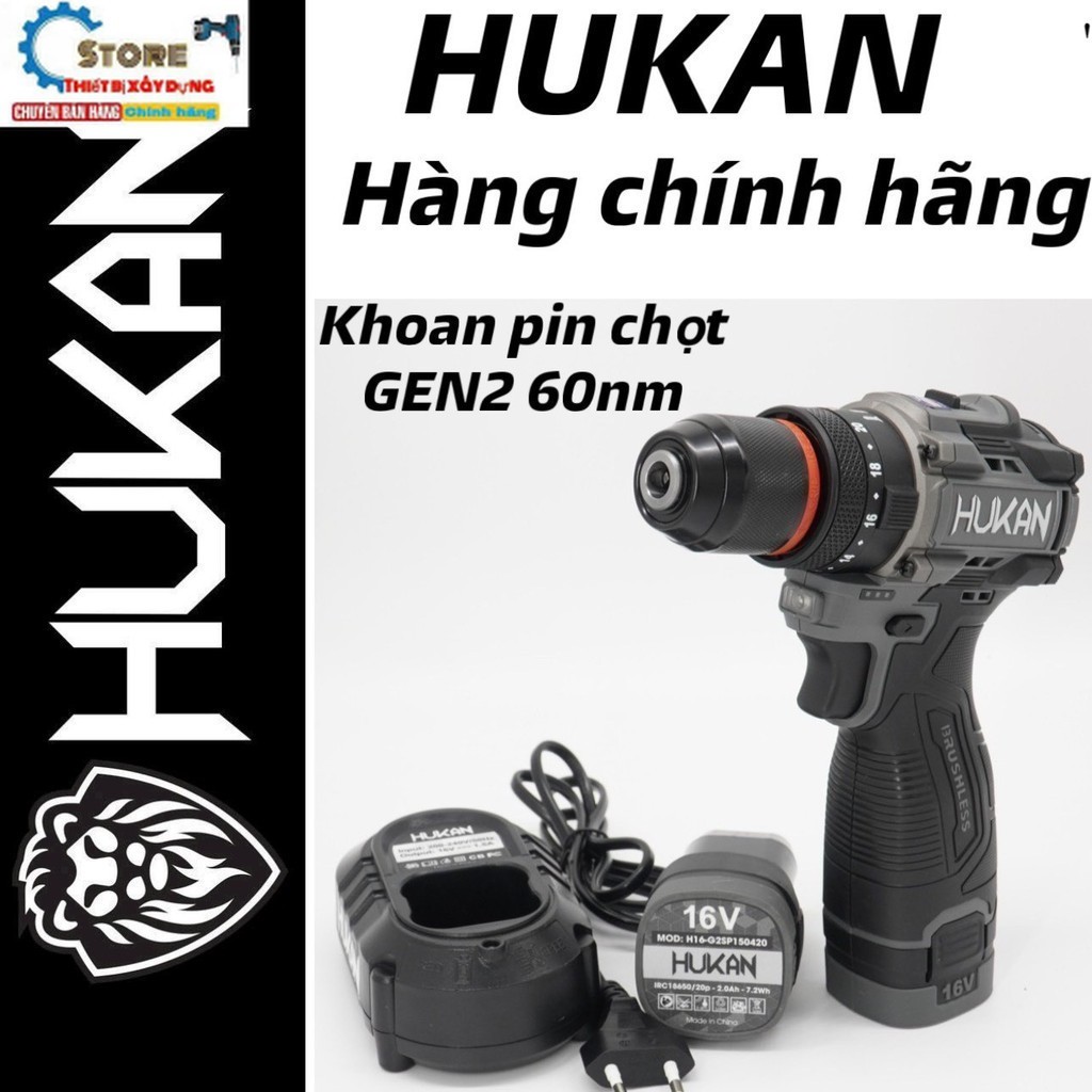 [GEN2] Máy khoan pin Hukan cao cấp H16-G2CD1612/ lực siết 60N/ bộ 2 pin dòng xả 15C kèm 1 sạc 1.5A .