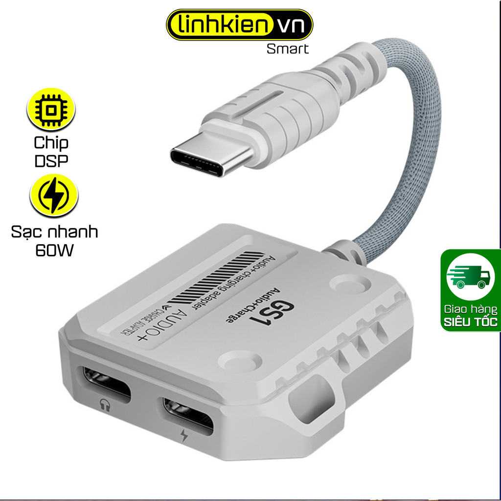 Cáp chuyển đổi âm thanh Type C Plextone GS1 2 in 1, 3in1 hỗ trợ sạc nhanh 60W có mic cho điện thoại,