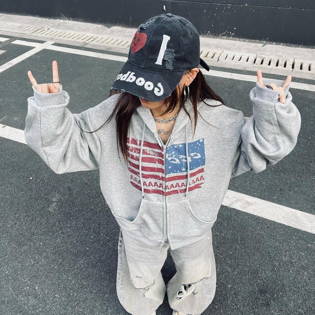 Áo Hoodie có dây kéo in hình cổ điển Thời trang đường phố Zip-up Harajuku-style Y2K Áo có mũ trùm đầ
