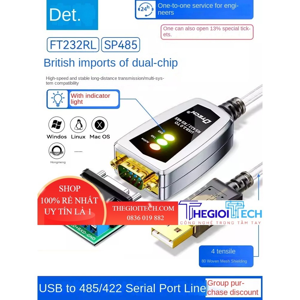 Mô-đun Giao Tiếp Truyền USB Sang RS485/422 Nối Tiếp Cáp DB9 Chuyển Đổi Com Kết Nối Công Nghiệp PC Dữ Liệu PLC DT-5019 - USB-485/422 có đèn - 0.5M