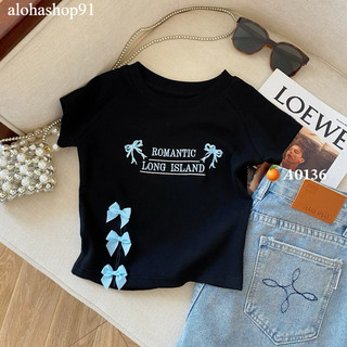Áo croptop tay ngắn đính nơ 1 đường bên chữ romatic chất thun borip dày đẹp về 3 màu xinh xắn alohashop91