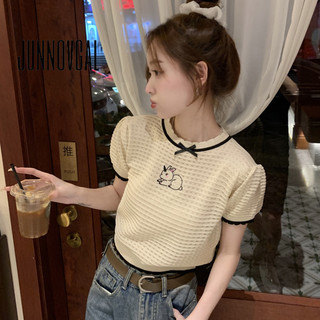 Áo thun nữ JUNNOVGAL Đan thêu nơ phong cách mới tay ngắn