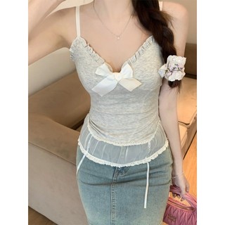 Tinh Khiết Mong Muốn Phong Cách Pháp Ren Cơ Sở Khâu Ren Nơ Treo Thấp-Cắt Sexy Top Vest Mỏng Phù Hợp Với Giảm Béo