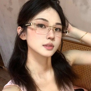 (-0 °~-400 °) Kính ánh sáng phẳng không gọng vàng cổ điển, hình dạng lõm mặt tròn nữ, khung kính bạc chạm khắc khảm kim cương-