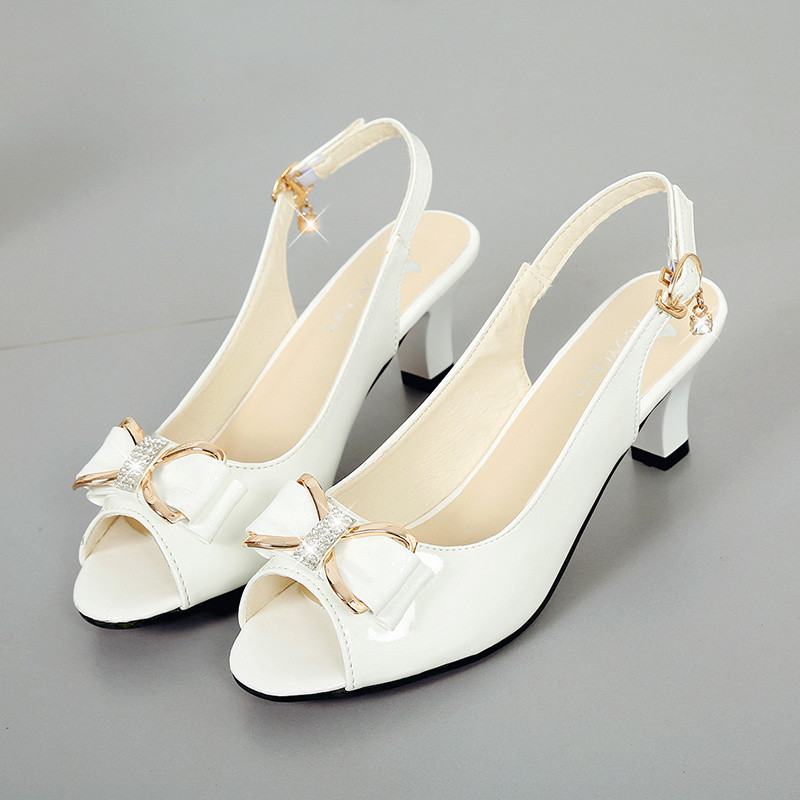 Giày Xăng đan nữ đế giữa cỡ lớn 35-44 Size 41-43 Giày cao gót khóa Rhinestone kiểu Tây Gót Thô mùa h