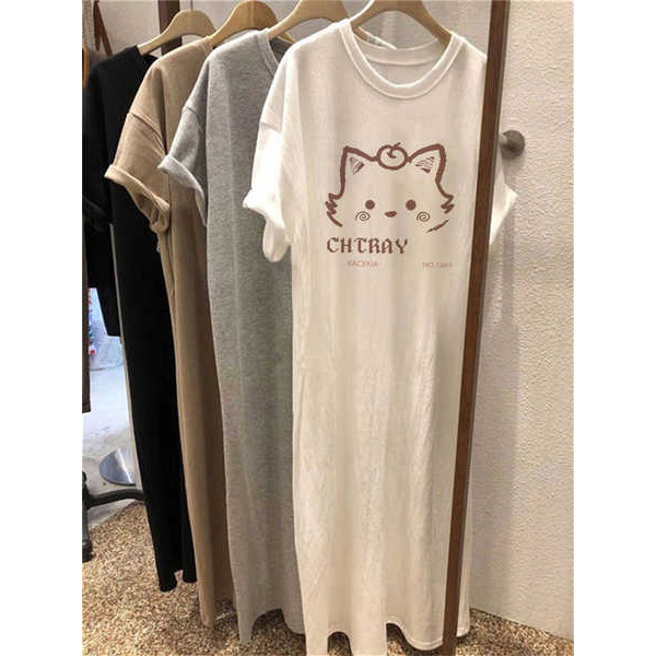 Váy over-the-knee cotton dáng rộng ngoại cỡ, short sleeves