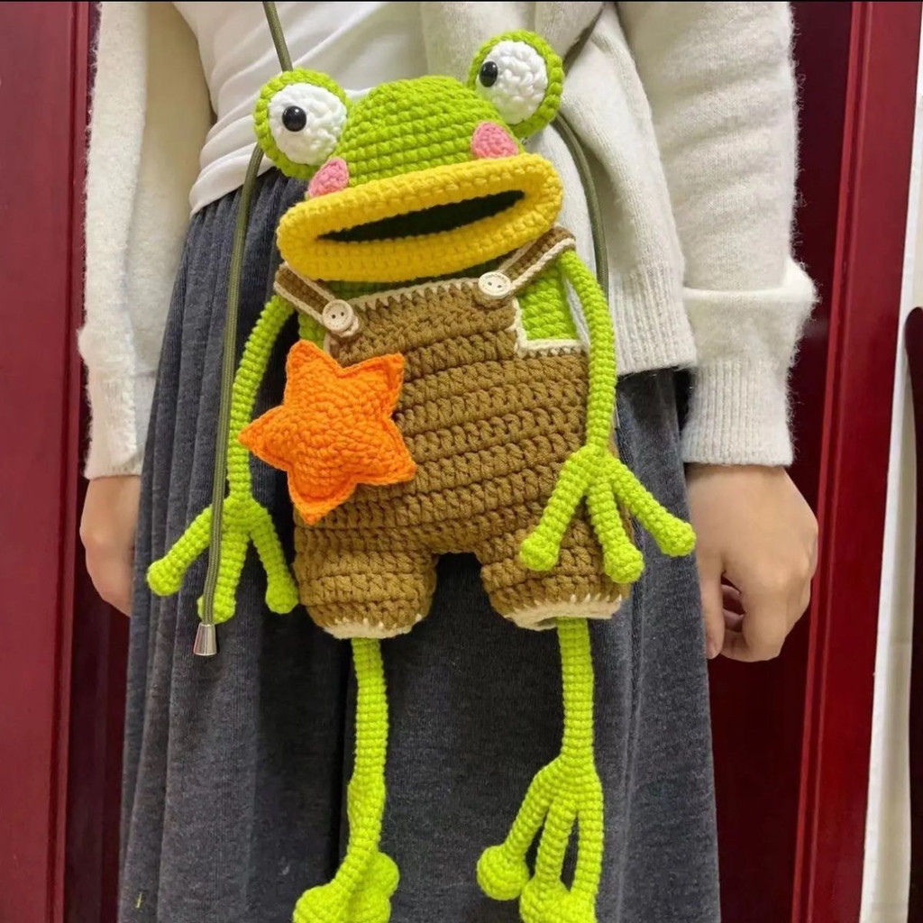 Cute and Ugly Material Crochet Phone Crossbody Bag Frog Yarn Big Mouth Sausage Overalls DIY Handmade