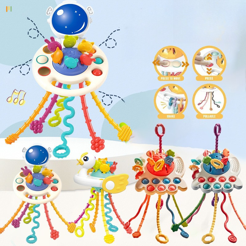 Đồ Chơi Rút Dây Silicon Gặm Nướu Hình Đĩa Bay Cho Bé,đồ chơi dây kéo cầm tay hình phi hành gia,Giáo dục sớm Montessori