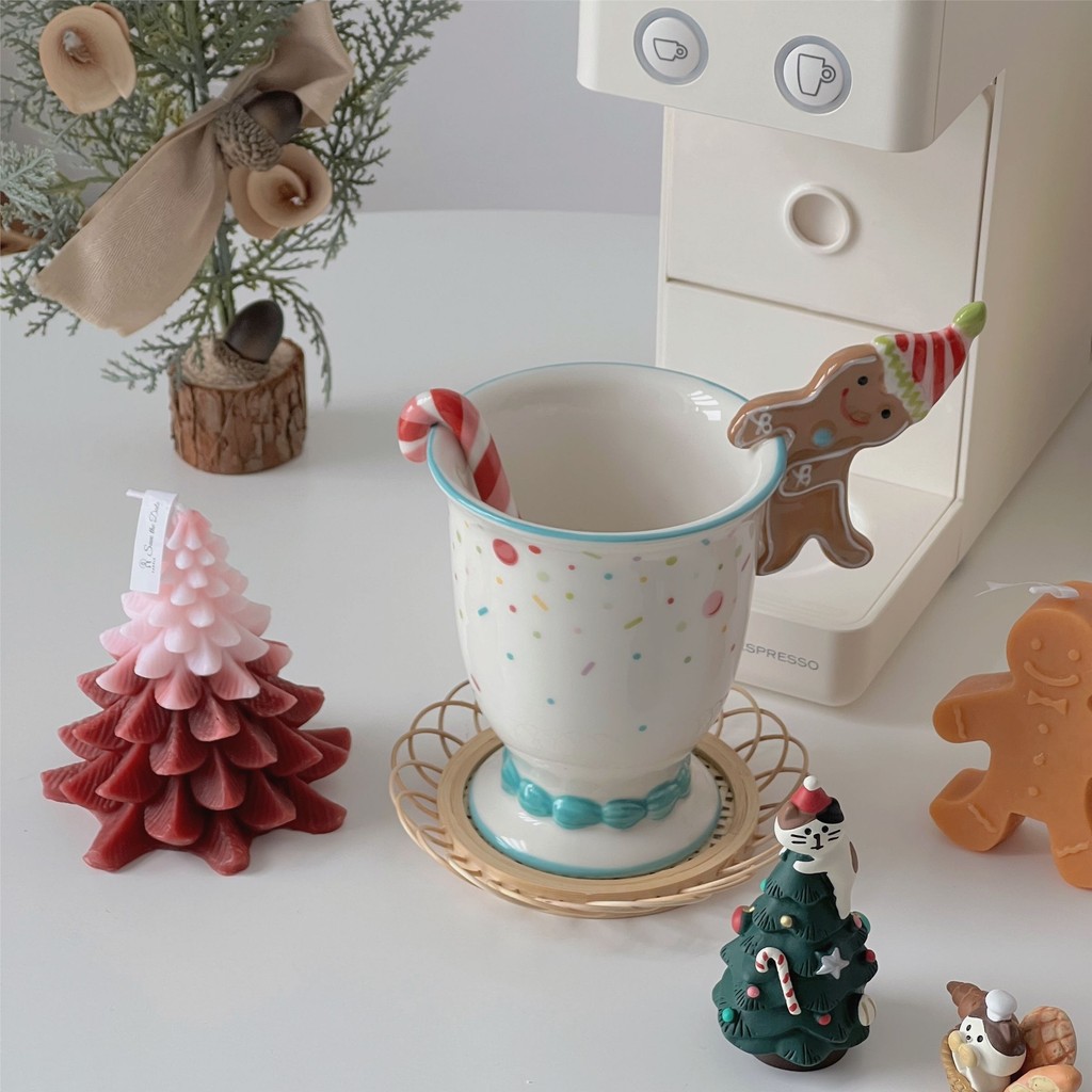 💚[Cốc nước gốm sứ Gingerbread Man dễ thương] Cốc sứ Gingerbread Man có thìa Hoạt hình Cốc nước dễ th