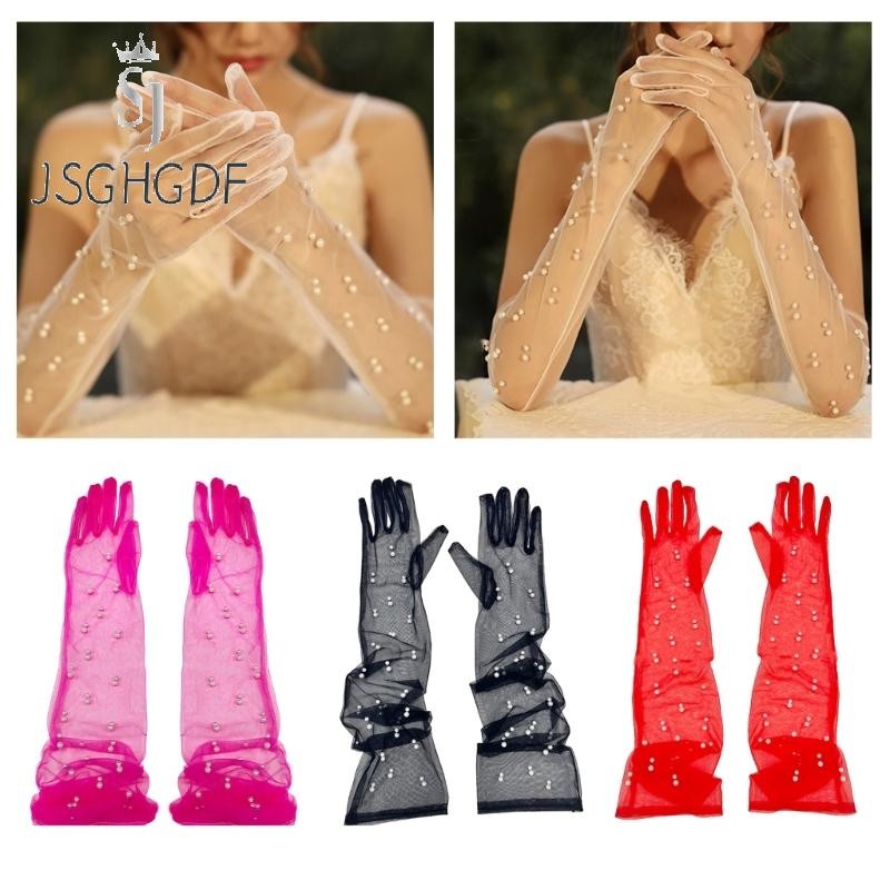 Bridal Gloves Pearls Studded Bride Full Finger Tulle for Women Girls Dress up