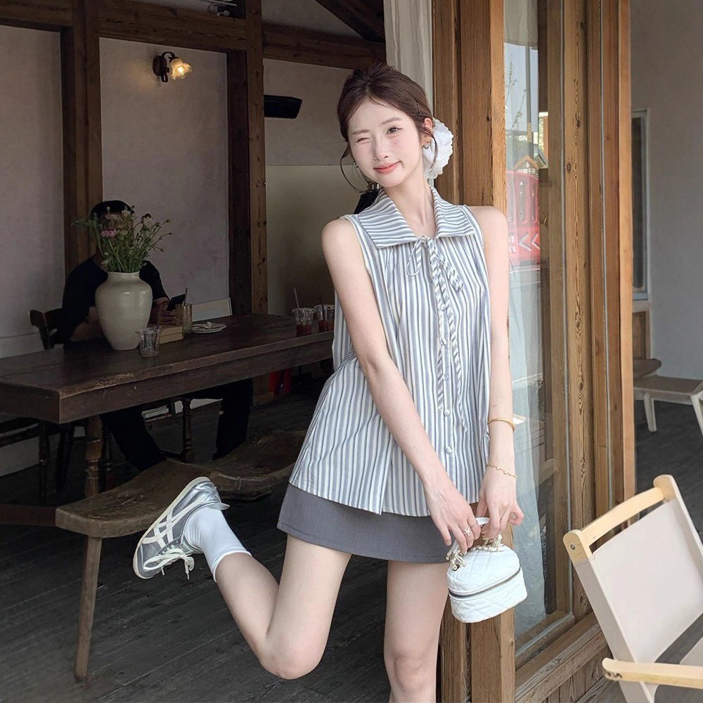 Áo sơ mi không tay kẻ sọc kiểu Pháp ngọt ngào, dáng babydoll Hàn Quốc rộng rãi cơ bản, áo nữ có nơ | BigBuy360 - bigbuy360.vn