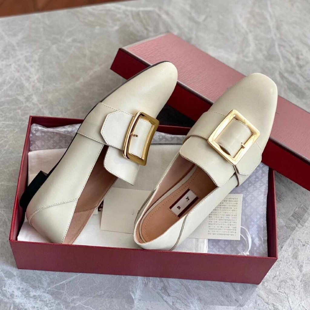 Bally Square Buckle Square Toe Loafers for Women Genuine Leather Slip-On Two-Way Wear Elegant Single