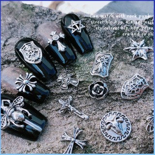 ⚡⚡COD 1 Phụ Kiện Làm Móng Tay Nghệ Thuật Chrome Crow Hearts Cross Lục Giác Sao Hoa Đinh Tán Bạc Phong Cách Punk Retro 3D Hợp Kim Kim Loại Khoan Trang Sức DIY Trang Trí Móng Tay