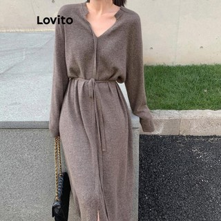 Đầm Lovito có dây buộc thắt lưng xẻ tà phía trước màu trơn phong cách thường ngày dành cho nữ LNL53039