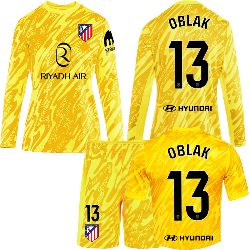 Áo đấu thủ môn bóng đá số 1. 13 Áo đấu Oblak Atletico Madrid màu vàng, bộ đồ thể thao tay ngắn và ta