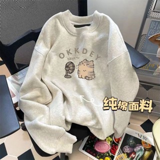 Áo hoodie không mũ cổ tròn dày dặn lót nhung kiểu Mỹ cotton 100% Áo lười rộng rãi mẫu mới mùa thu đông năm 2024 cho nữ