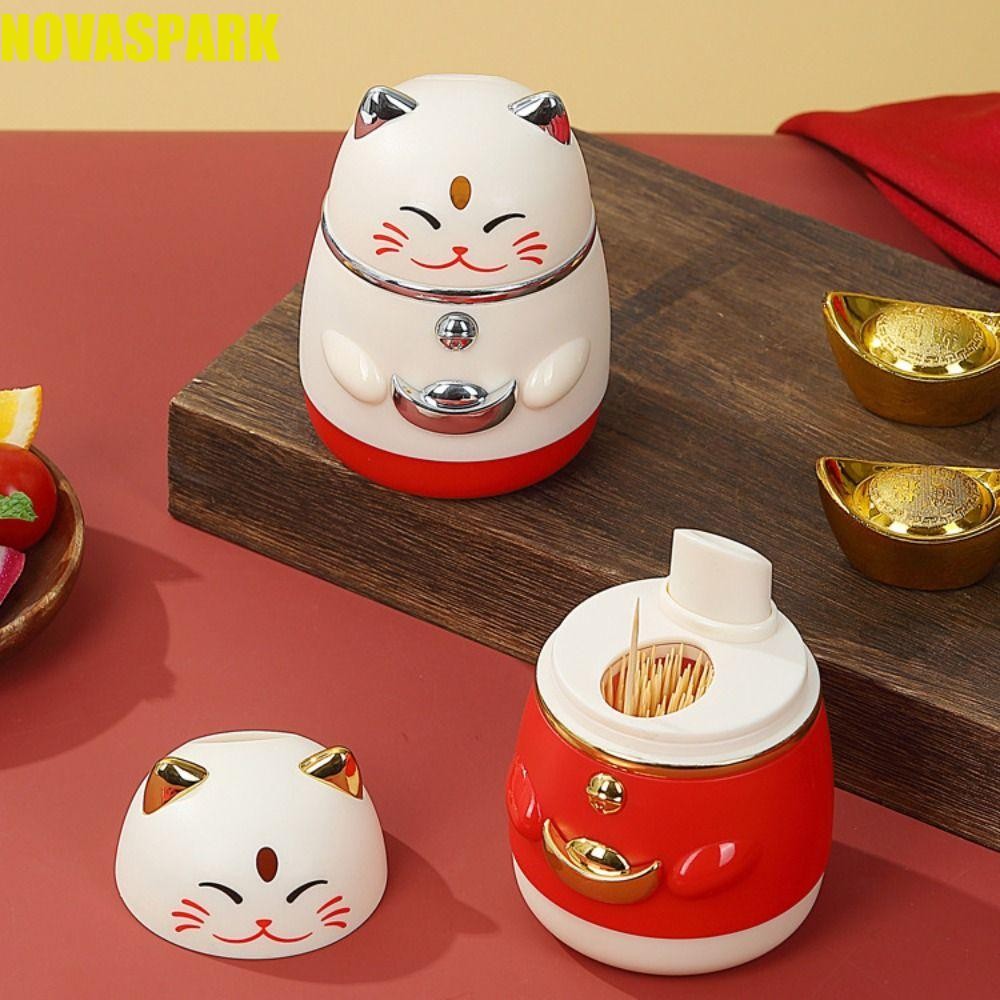Hộp tăm mèo may mắn NOVASPARK, Hộp đựng tăm bằng nhựa phong cách Trung Quốc, Hộp đựng tăm thiết kế ép chống bụi hoạt hình Lễ hội mùa xuân