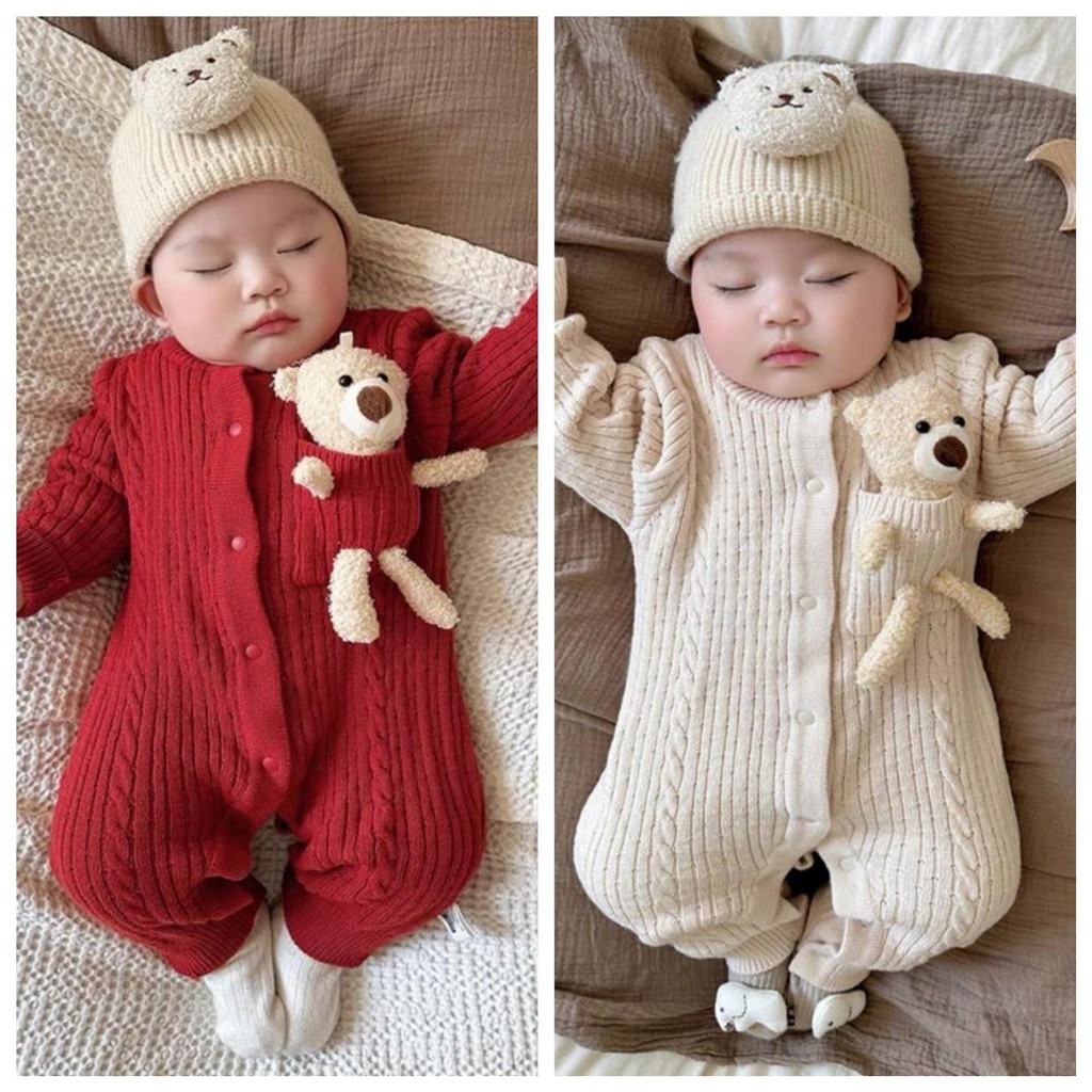 Bộ Bodysuit Dài Tay Babyshop88vn Cho Bé Trai Bé Gái M4.10.24-2 Jumpsuit Mẫu Len - Màu Đỏ Be - Trẻ từ 0-12 tháng tuổi