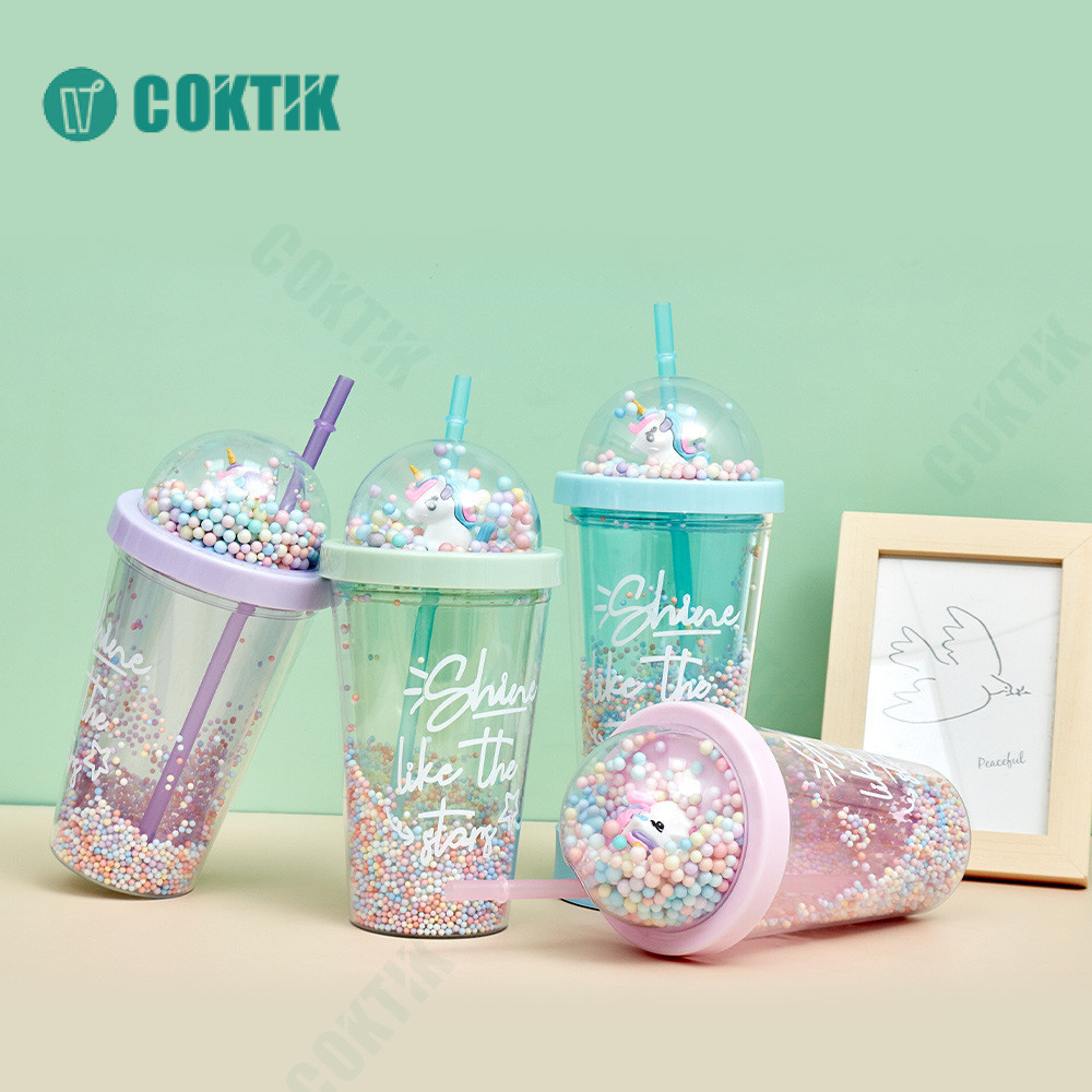 COKTIK Mùa Hè Nóng Kỳ Lân Bong Bóng Tròn Nắp Ống Hút Cốc Nhựa Amazon Hai Lớp Làm Lạnh Di Động Nhựa Cốc Nước Bán Buôn