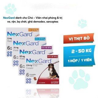 NexGard - Hộp 1 viên nhai mềm vị thịt bò dành cho chó 2-50kg XS M L phòng & trị ve, rận, bọ chét, ghẻ demodex, sarcoptes