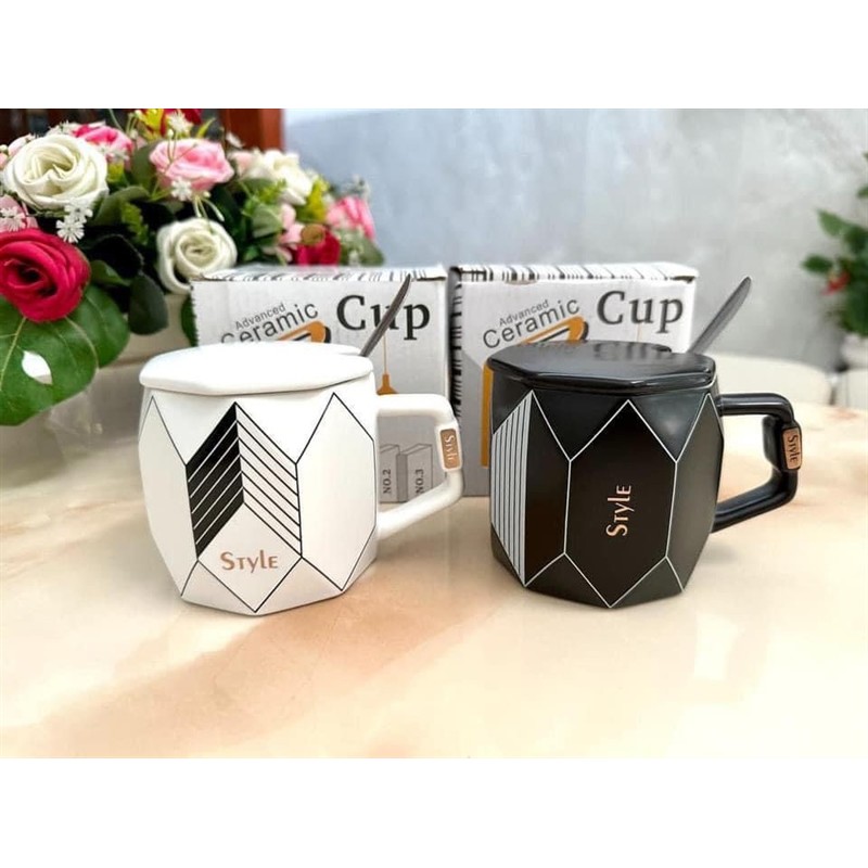 Ly Sứ Kool Look 250ml Có Nắp Sứ Kèm Muỗng Inox - Cốc Uống Latte, Cà Phê, Trà