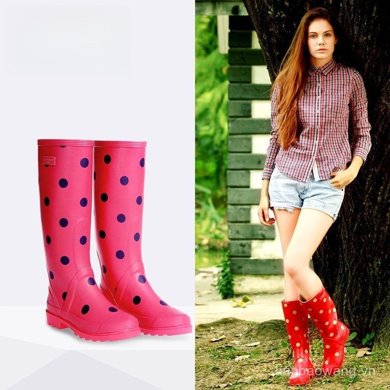Fashion Women's High Tube Round Polka Dot Fleece-Lined Warm Waterproof Rubber Rain Boots Non-Slip Ra