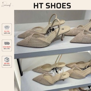  Giày Z cao gót nữ slingback mũi nhọn đan lưới phối hạt form to sang chảnh đi tiệc công sở 3W055-7 