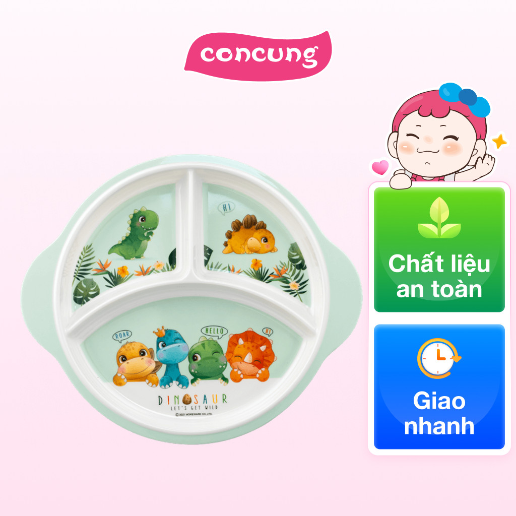 Khay ăn dặm 3 ngăn melamine cao cấp Moreware (W3028, tròn, khủng long)