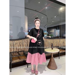Váy suông đuôi cá V1433 Váy hoa phối chân hồng, Váy suông cotton dáng dài nhẹ nhàng nữ tính