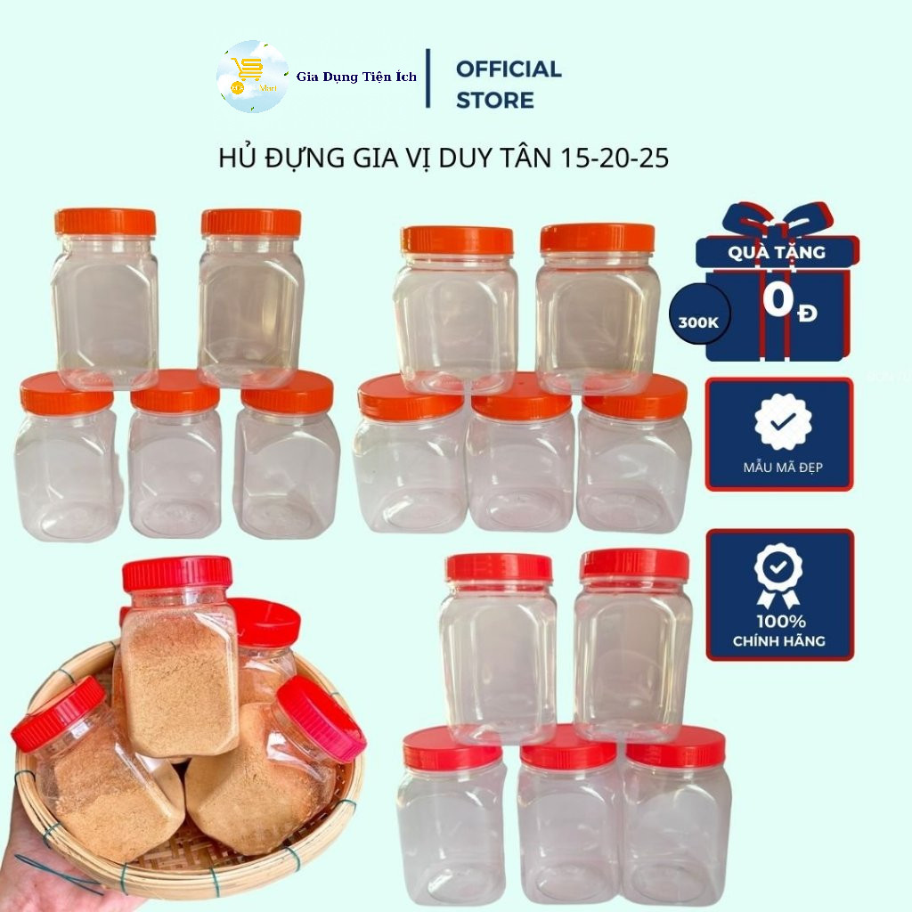 Hũ Vuông Đủ Size, Hũ Đựng Muối Tôm Nhựa Vuông Nắp Đỏ Trong Suốt Mta-Mart2