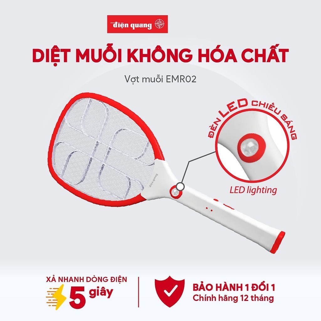 Vợt Muỗi Điện Quang ĐQ EMR02 WR - Trắng Phối Đỏ - Lưới thép 3 lớp chống gỉ siêu bền Bắt Muỗi